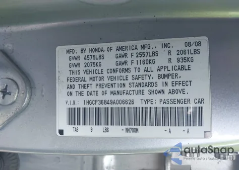 2009 Honda Accord Exl from USA, damaged, VIN 1HGCP36849A006626